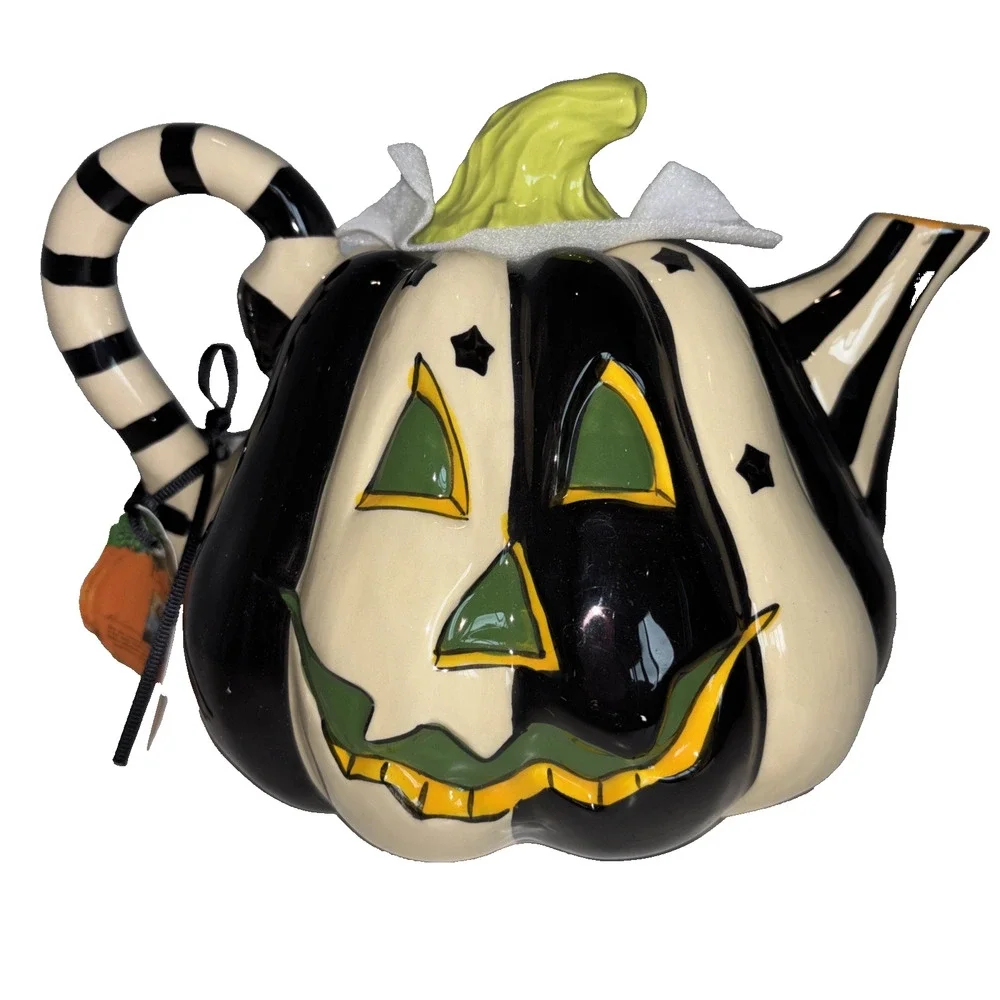 Blue Sky Halloween Black White Green Pumpkin Jack O Lantern Teapot Mackenzie NEW